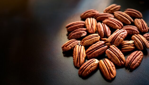 warmly lit pecan nuts scattered on a dark background organic pecan nuts