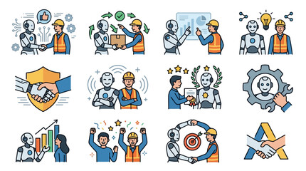 Fototapeta premium Set of illustrations depicting collaboration between humans and robots in industrial settings.