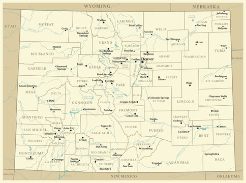 Colorado - detailed map with administrative divisions and cities. Vector illustration of US state