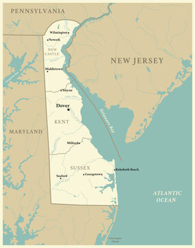 Delaware - detailed map with administrative divisions and cities. Vector illustration of US state