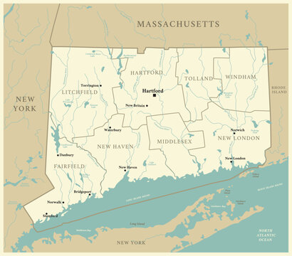 Connecticut - detailed map with administrative divisions and cities. Vector illustration of US state