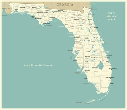 Florida - detailed map with administrative divisions and cities. Vector illustration of US state