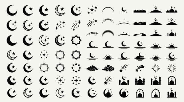 Black islamic crescent moon and star icons on light gray background