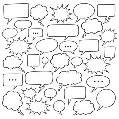 Fototapeta premium Collection of various blank speech bubbles and thought balloons in a black and white vector illustration