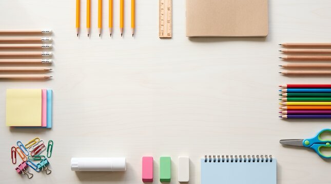 Flat lay of school stationery items forming a natural back-to-school background with central copyspace school supplies copyspace stationery notebooks