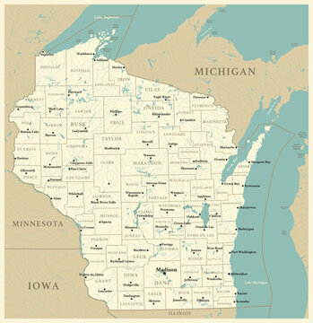 Wisconsin - detailed map with administrative divisions and cities. Vector illustration of US state