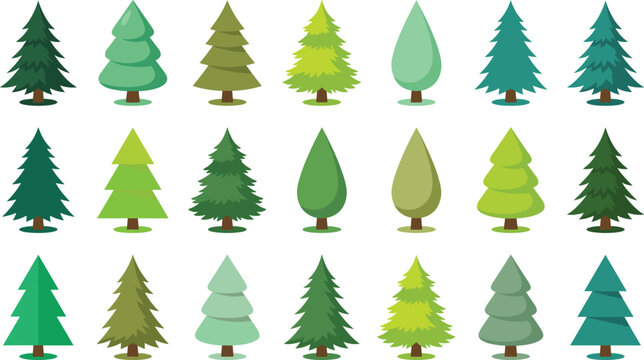 Green pine tree flat icon vector collection. Featuring stylized evergreen firs, spruces, and abstract christmas trees isolated on transparent background.