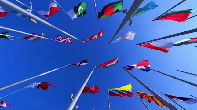 Low Angle View of International Country Flags Waving Against Blue Sky