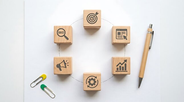 Digital marketing strategy icons on wooden blocks arranged in a circle