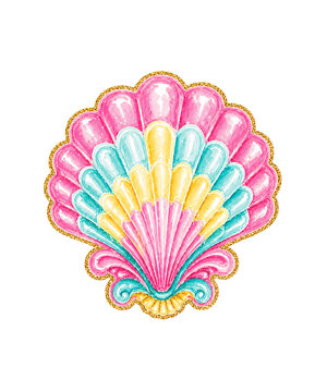 Colorful pastel scallop seashell illustration with golden glitter outline decorative ocean shell for beach theme art and mermaid aesthetic designs