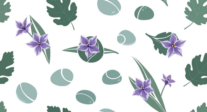 Purple flowers and green leaves with pebbles pattern.