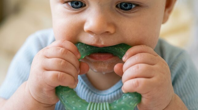 A close up view of an adorable baby boy chewing on a green textured silicone ring teething toy tool.