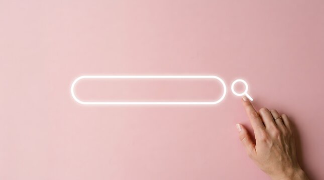 Hand touching search bar icon glowing on pink background backdrop
