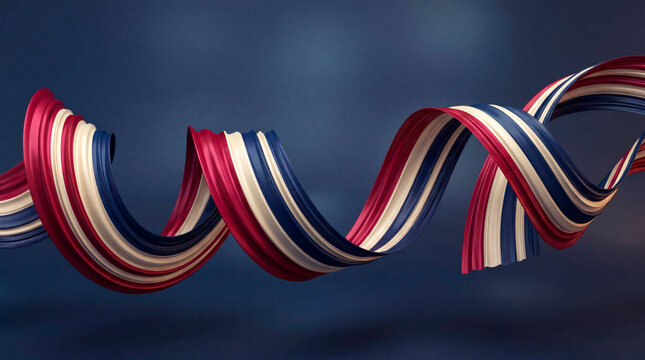 Patriotic American flag ribbon swirl on blue, July Fouth