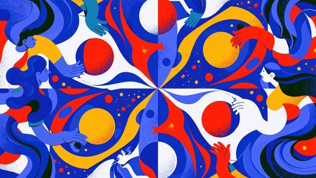 Stylized people reach toward glowing colored orbs in abstract space.