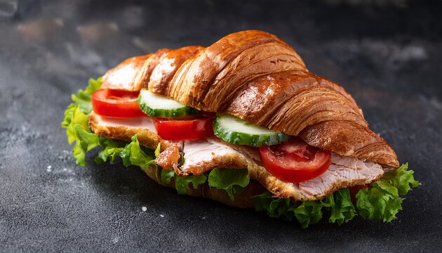 fresh crispy croissant layered with roasted chicken crunchy lettuce sliced red tomatoes and zesty sauce over dark concrete