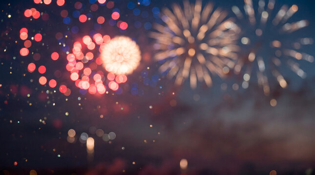 Festive fireworks bokeh glowing in night sky