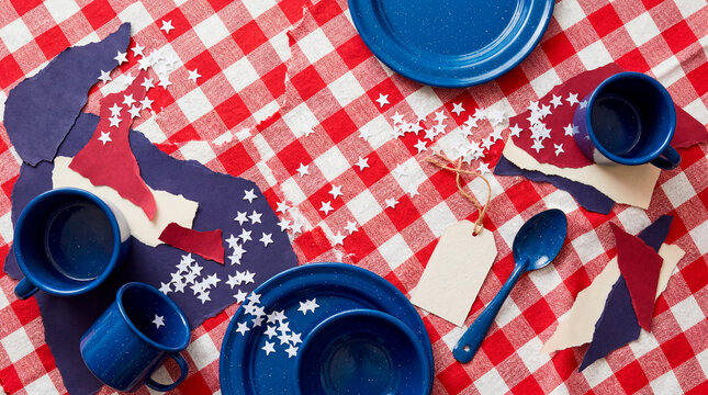 Patriotic picnic table with stars and gingham