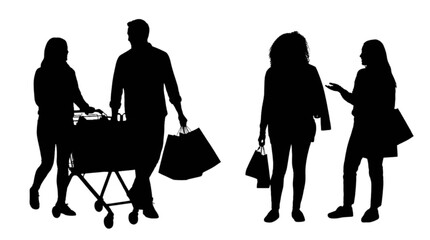 Silhouette people shopping with shopping cart and bags isolated on transparent background, Vector © Mis