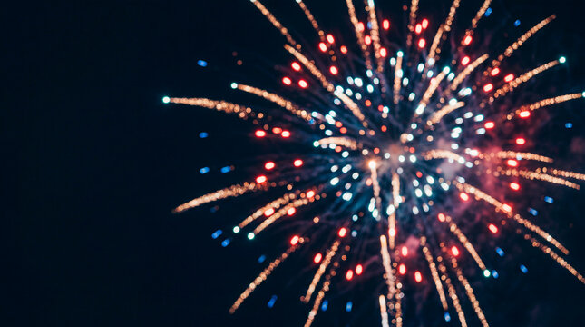 Colorful fireworks burst in dark night sky, July Fouth