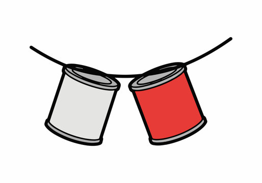 Red and white tin can telephone representing friendship connection