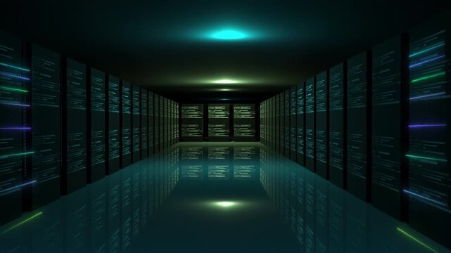 
Technology line server room, high-tech data storage, computing power center and rende cluster, data center aisle lined with glow server racks, overlaid with colour digital data light.