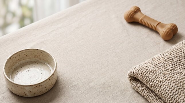 Cozy pet essentials on a linen background
