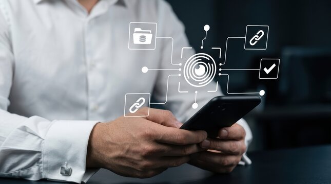 Businessman using smartphone for biometric identity verification and secure data access, digital security, information technology Technology modern technology business concept