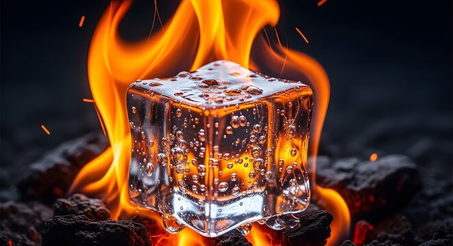 Ice cube on glowing burning charcoal. Contrast between fire and ice. Close up of a crystal clear ice block melting over hot embers representing extreme temperatures