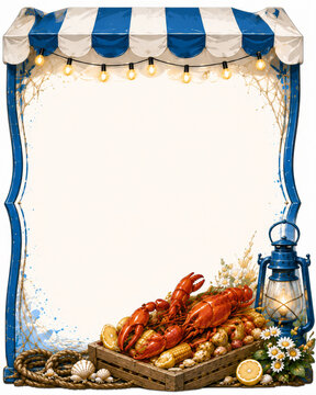 Vintage Seafood Market Stall Frame with Lobsters Corn and Lantern