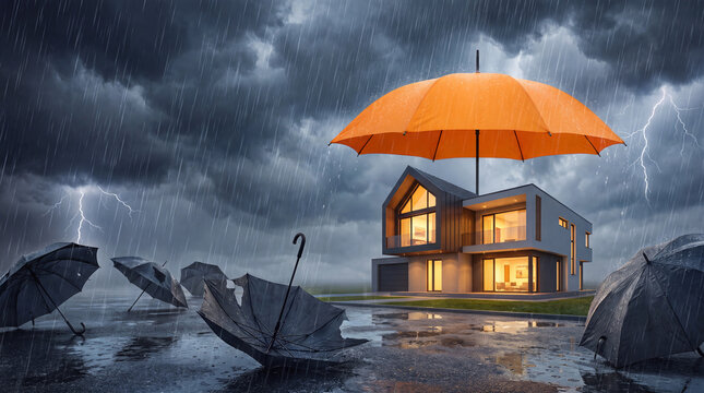Rainstorm house umbrella stormy sky lightning wet pavement protection shelter modern home dark cloud thunderstorm resilience safety concept concept
