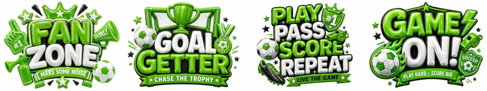 Collection of vibrant soccer themed text banners and badges featuring fan zone, goal getter, play pass score repeat, game on