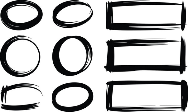 Collection of artistic hand drawn black ink brush stroke circles and rectangle frames on white background with bright lighting.