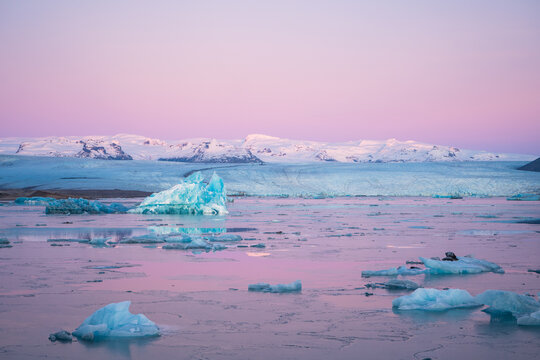 Blue icebergs floating in Jokulsarlon glacial lagoon at pastel sunset