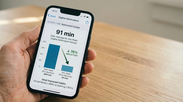 Hand holding smartphone displaying screen time reduction chart on wooden desk