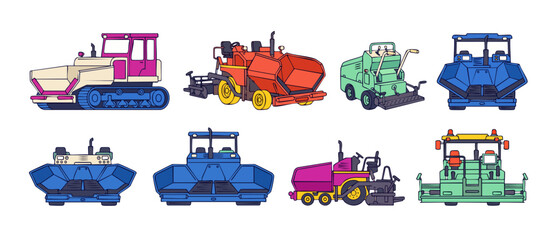 Naklejka premium Asphalt paver vector construction machinery icons set, paving equipment, road construction vehicles, asphalt laying machine illustration collection in line art style isolated on white background visua