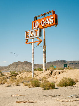 Abandoned vintage gas station signage in Halloran Springs, California