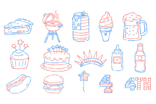 4th of July Celebration Doodles Set in Hand Drawn Black and White Line Art. Patriotic American Holiday Icons Collection with Flag