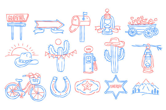 4th July, doodle icon set. USA Style Vector illustration collection. America Banner Hand drawn Line art style.