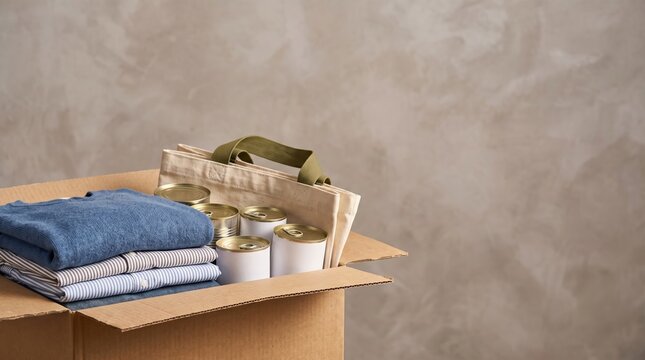 Donation box filled with essential relief supplies
