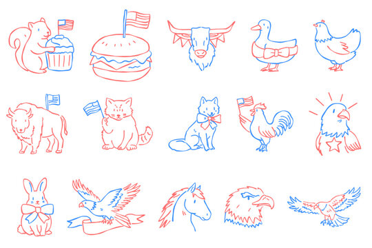 Hand-drawn Black White Line Art Doodle Set of American Independence Day Celebration Icons Symbols for 4th of July Patriotic Design
