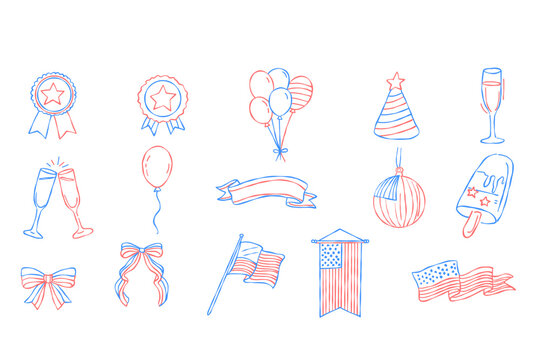 4th of July Icons - Blue and red Line Art Collection for Independence Day Celebrations