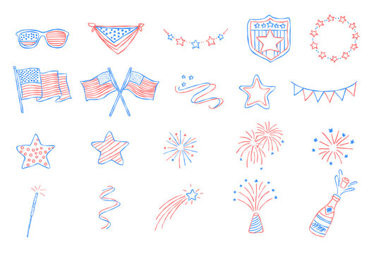 Hand drawn 4th of July, Independence Day icon collection with firework, star, rocket vector illustration