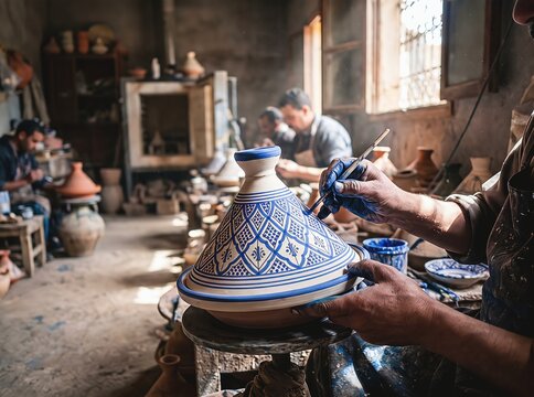 Artisan hands painting traditional Moroccan ceramic pottery with blue cobalt glaze, workshop scene, authentic craftsmanship, cultural documentary photography