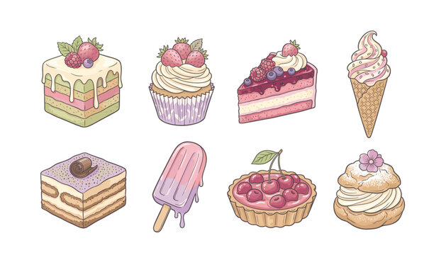 Cute hand drawn sweet dessert vector collection. Featuring cake slice, cupcake, strawberry tart, ice cream cone, tiramisu, popsicle, and cream puff isolated on white background.