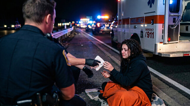 Police Officer Giving Comfort Towel to Traumatized Female Victim at Highway Accident Scene