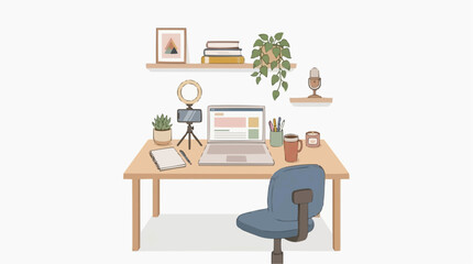 Fototapeta premium Cozy Home Office Setup with Laptop, Ring Light, Microphone, and Plants for Content Creation Isolated on white background
