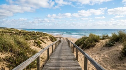 Obraz premium Wooden boardwalk to ocean beach pathway.