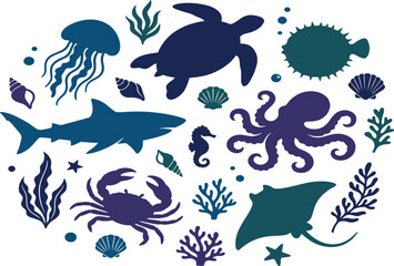 Marine life vector silhouette collection with shark sea turtle octopus jellyfish crab stingray pufferfish coral reef elements isolated on white background © Creative Studio 