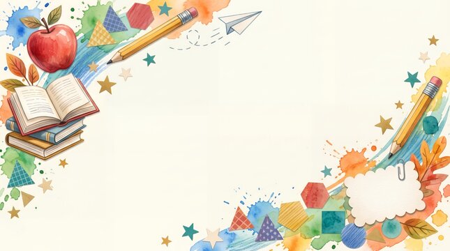 Watercolor school supplies border with books and apple back-to-school background and copyspace watercolor education supplies painting academic